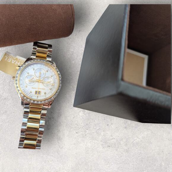 NWT Michael Kors Chronograph Crystal Watch Gold Silver MK6188 Brinkley - Picture 3 of 8